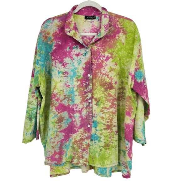 Dilemma Tops - Dilemma New York Womens Button Up Shirt Size L Watercolor Art To Wear Rave